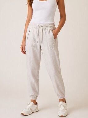 Athleta Cabo Linen Jogger Pants Beige Drawstring Ankle Size 10